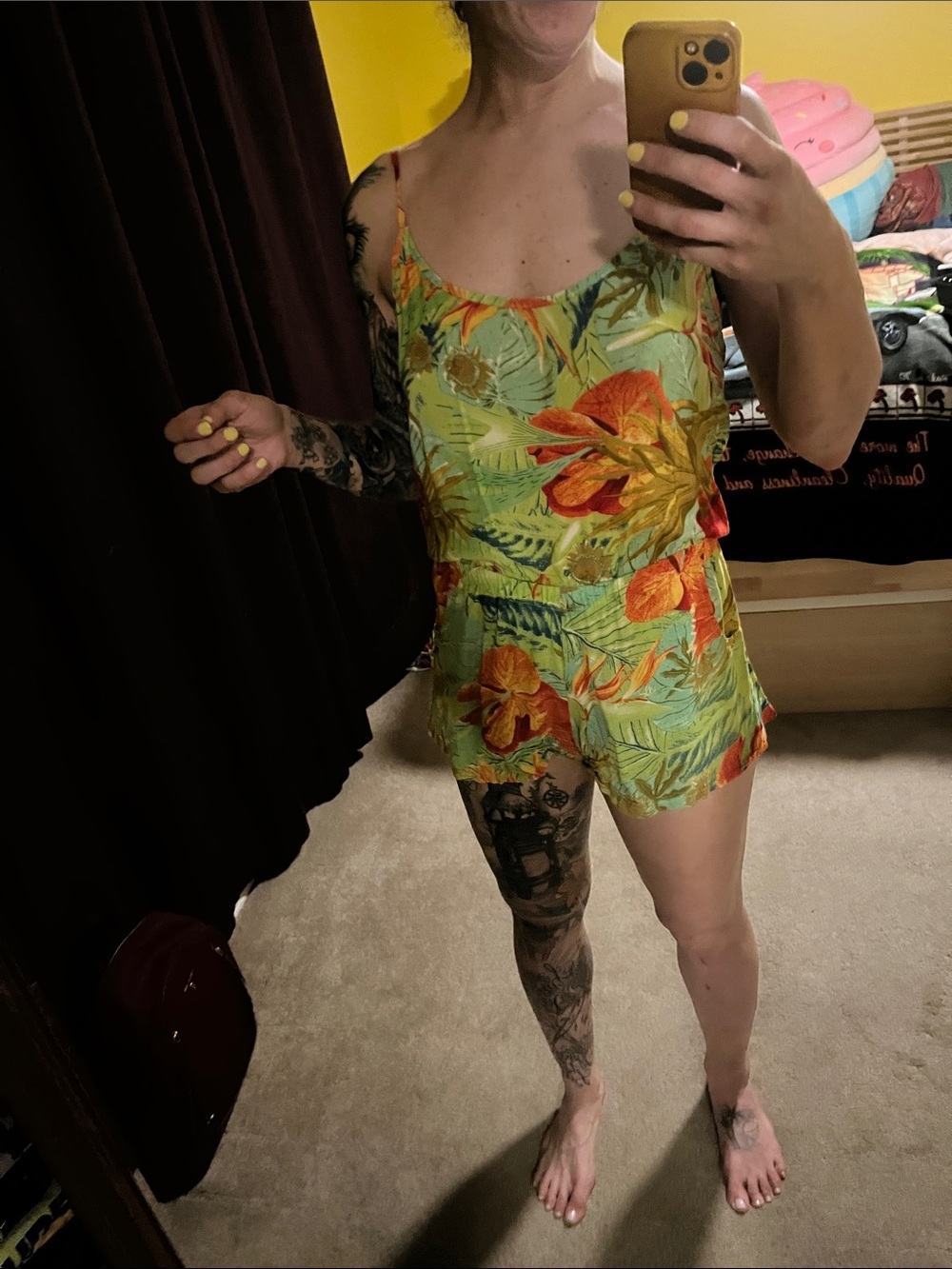 raya sun Green Tropical Floral Romper with Orange Accents